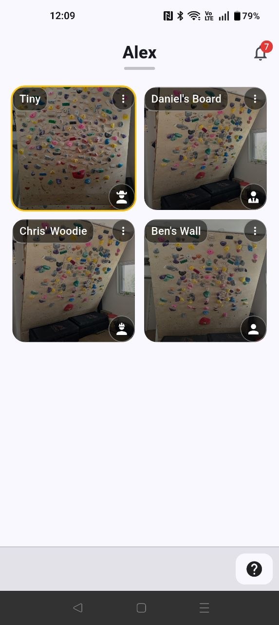 Home screen with shared home boards and spray walls